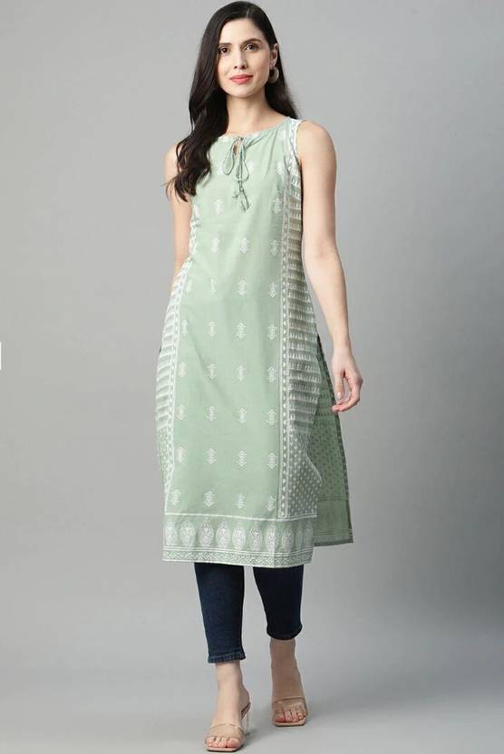 Women Printed Cotton Blend Straight Kurta  (Light Green)