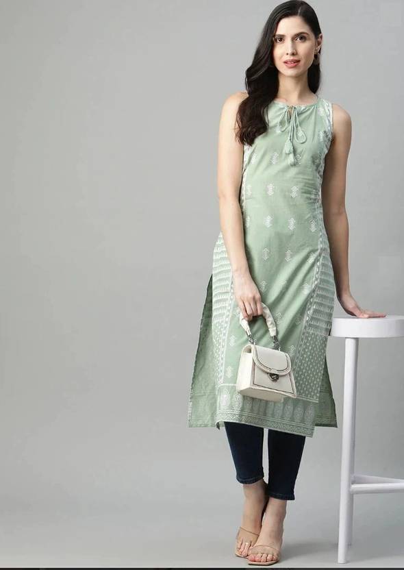 Women Printed Cotton Blend Straight Kurta  (Light Green)