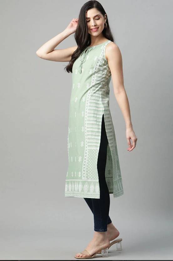 Women Printed Cotton Blend Straight Kurta  (Light Green)
