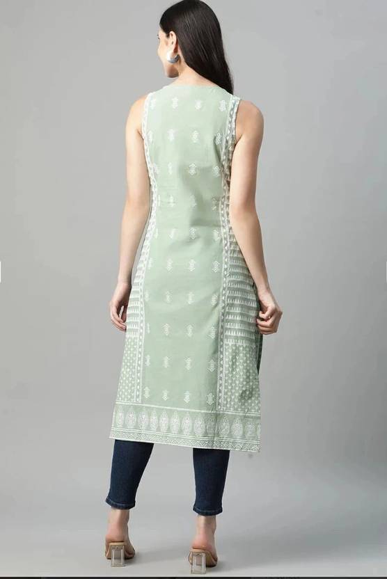 Women Printed Cotton Blend Straight Kurta  (Light Green)