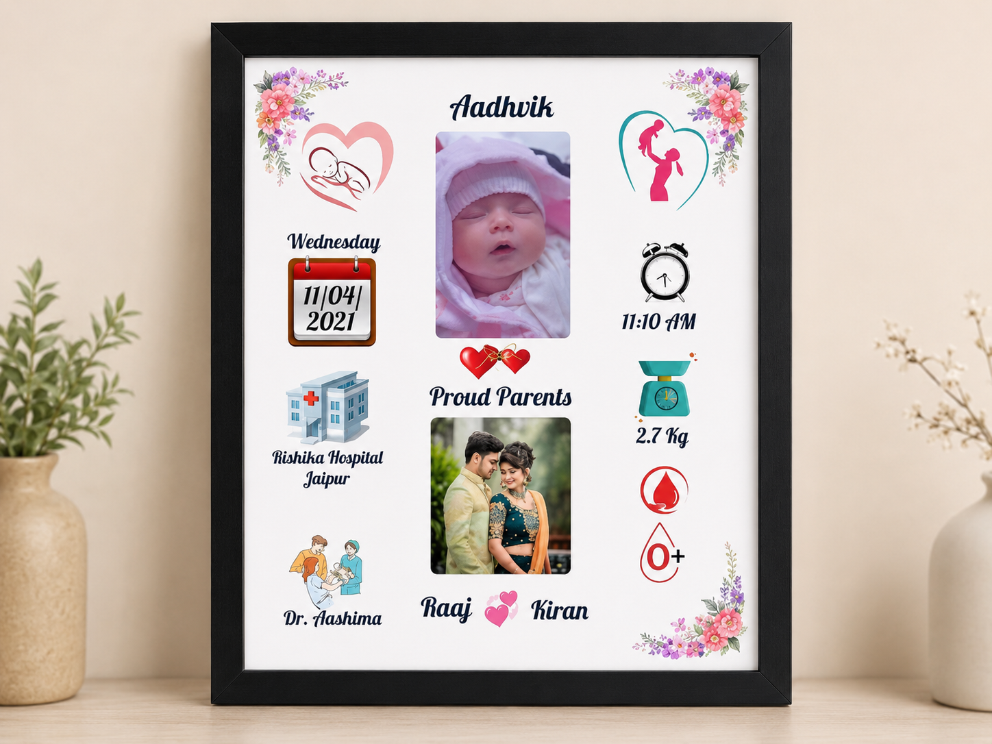 Personalized Baby Birth Details Photo Frame | Newborn Memory Frame with Name, Date, Time, Weight & Parents Photo | 12x9 Inch