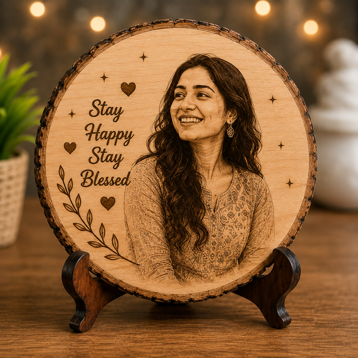 6 Inch Personalized Round Wood Photo Print with Stand | Custom Photo Gift