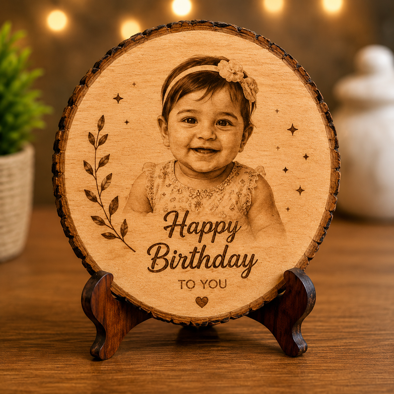 6 Inch Personalized Round Wood Photo Print with Stand – Happy Birthday Baby Gift